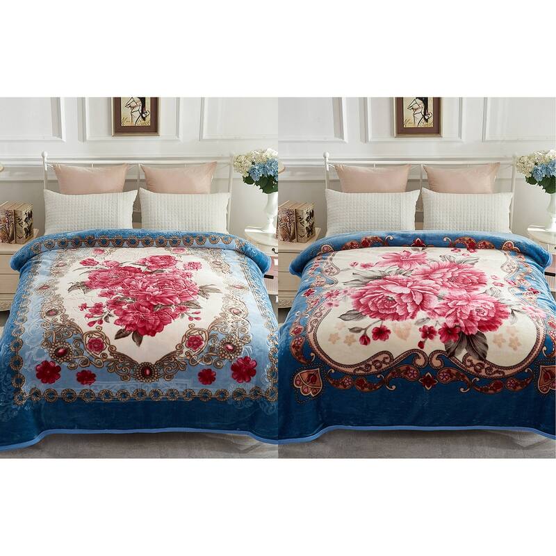 Reversible Mink Blanket Fluffy Fleece Blanket Different Pattern in Each Side - King - Blue