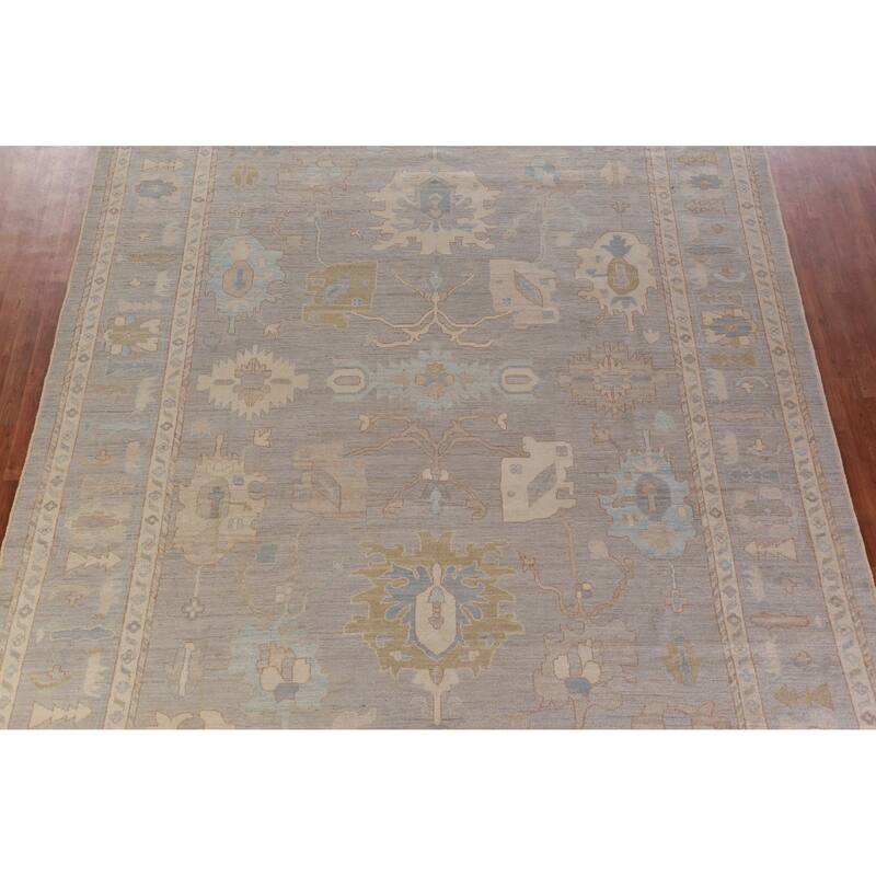 Hand Knotted Oriental 100% Wool Carpet Transitional All-Over Greys & Charcoal Oushak Area Rug - 14' 0'' X 10' 2''