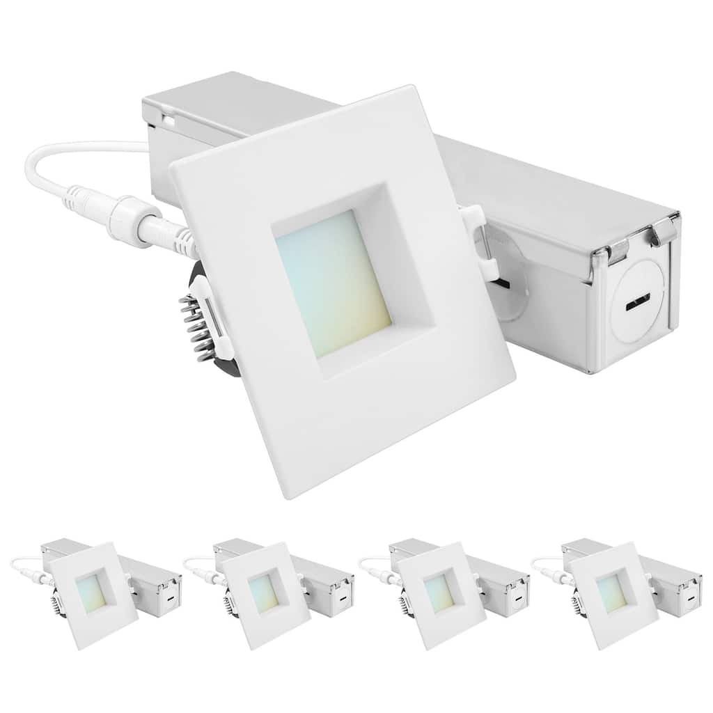 Luxrite 2 Inch Square LED Recessed Ceiling Light J-Box 8W 5CCT 660LM Dimmable Wet Rated IC Rated 4PK - 4 Pack