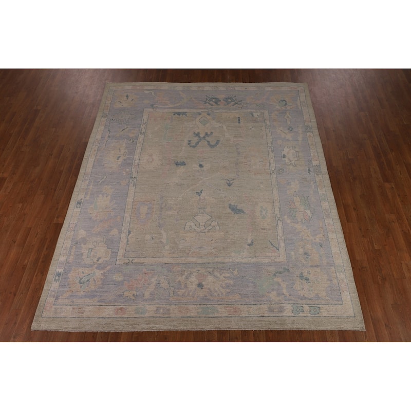 Vegetable Dye Oushak Turkish Area Rug Hand-Knotted Green Wool Carpet - 7'9"x 9'6"