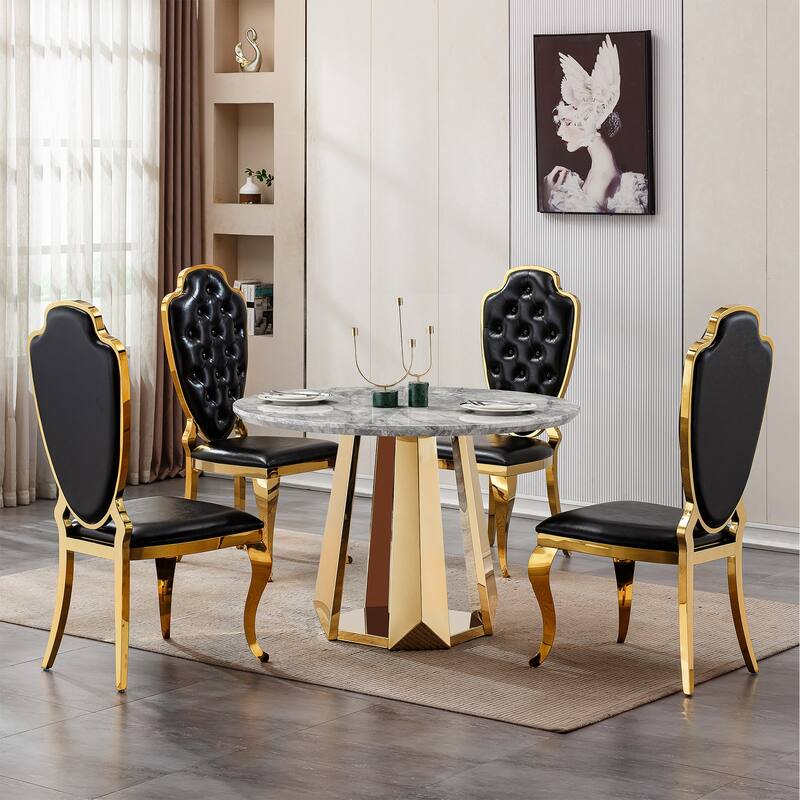 47" Round Dining Table with Faux Marble Tabletop and Stainless Steel Base - Grey+Gold