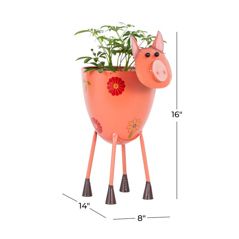 Pink Metal Pig Indoor Outdoor Planter with Floral Accents