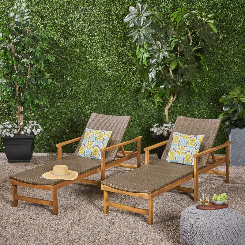 Hampton Outdoor Rustic Acacia Wood Chaise Lounge with Wicker Seating (Set of 2) by Christopher Knight Home