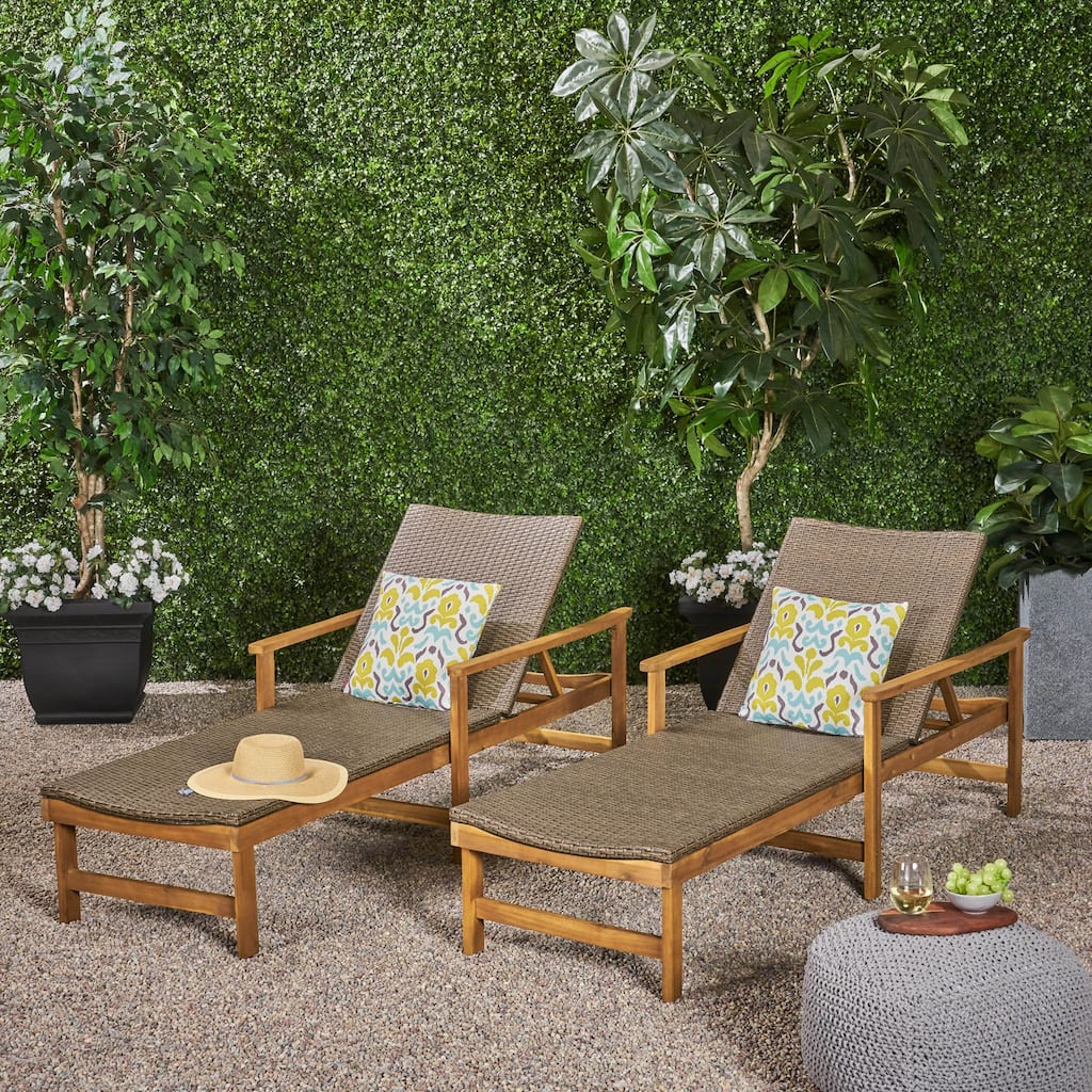 Hampton Outdoor Rustic Acacia Wood Chaise Lounge with Wicker Seating (Set of 2) by Christopher Knight Home
