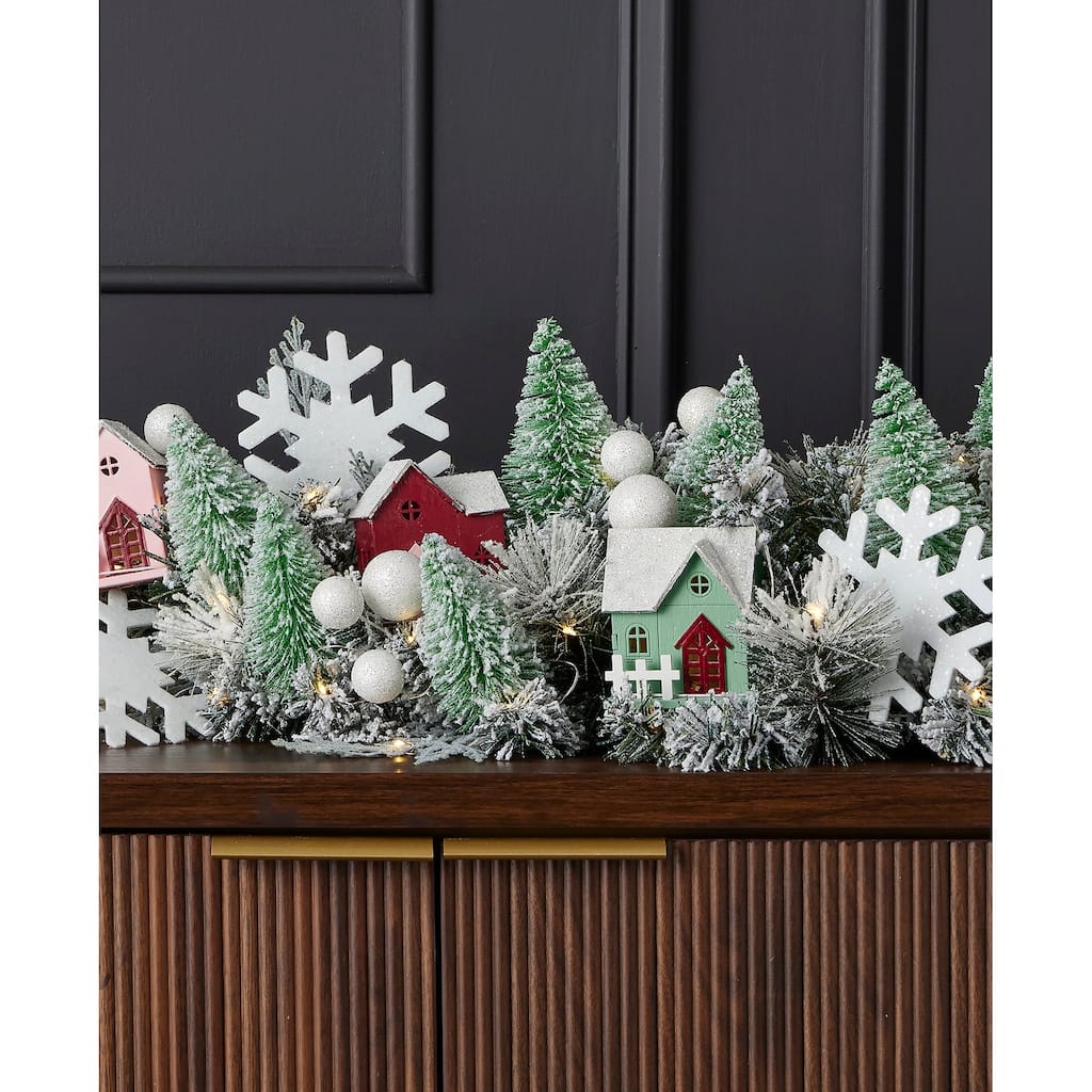 Snowy Cottage 60in Mantel Swag Pre-Lit with 70 LED Fairy Lights B/O