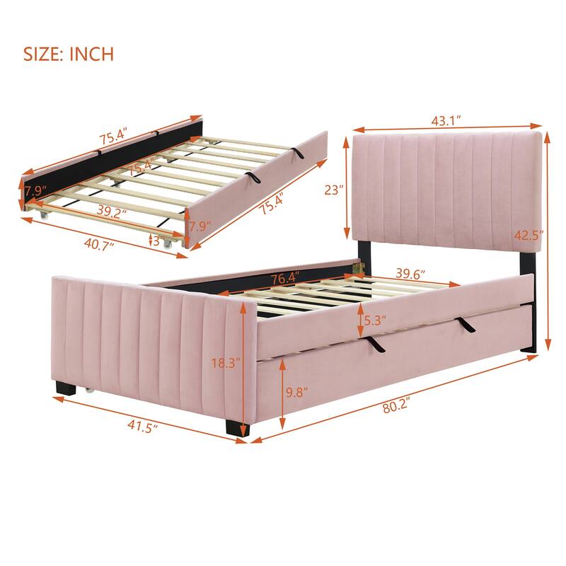 Twin Upholstered Velvet Bed with Trundle, Elegant Platform Bed with Storage