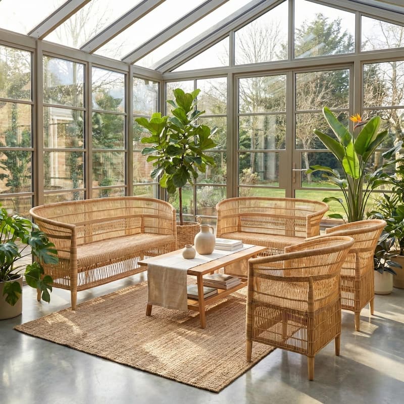 Handwoven Natural Rattan 4-Piece Indoor Seating Set - 2 Chairs, Loveseat, and 3-Seater Settee, Solid Wood Frame, Boho Farmhouse - Natural