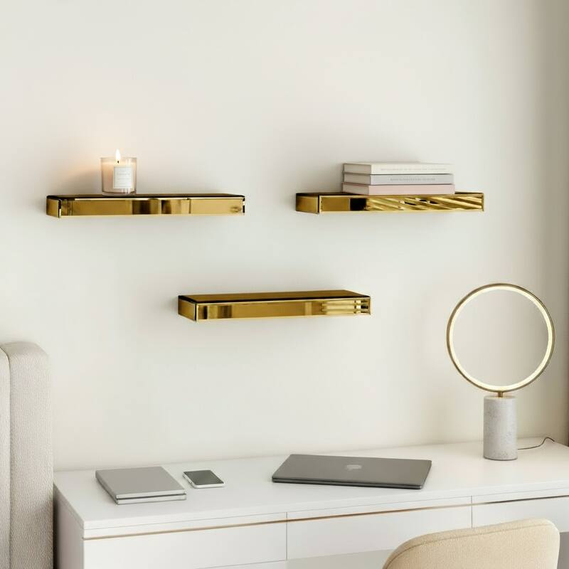 HomeRoots Set Of Three Gold Glass Wall Mounted Floating Shelves - 14.57 in. x 1.97 in. x 5.51 in. - Gold - 14.57 in. x 1.97 in.  x 5.51 in.