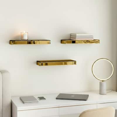 HomeRoots Set Of Three Gold Glass Wall Mounted Floating Shelves - 14.57 in. x 1.97 in. x 5.51 in.