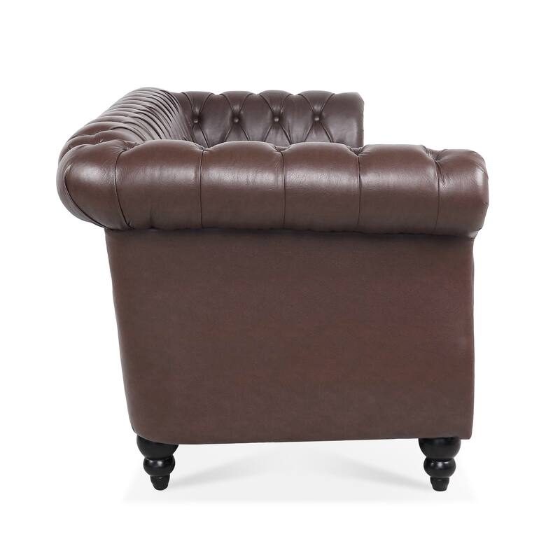 Dark Brown PU Chesterfield Three Seater Sofa with Wooden Legs