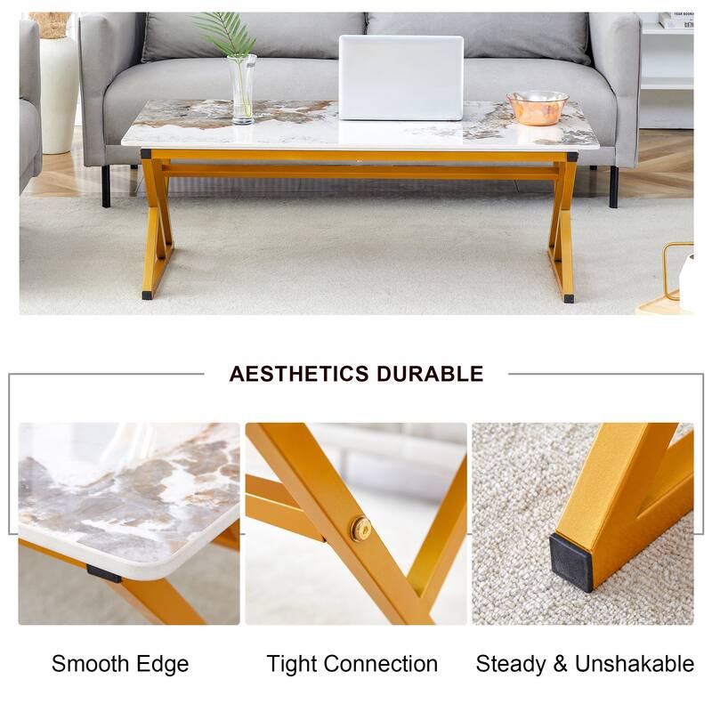 A modern minimalist style marble patterned coffee table with golden metal legs Computer desk Game table Tea table