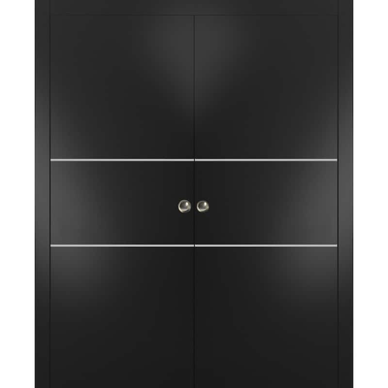 French Double Pocket Doors 36x80 Planum 0110 Matte Black Kit Trims Rail - Black - 56" x 84" ( 2* 28x84)