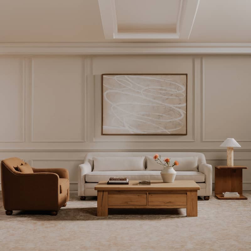 NADAAL STUDIOS Caelanor Sofa, Curved Back with Wide Lumbar Cushions and Wooden Bun Feet, Oat