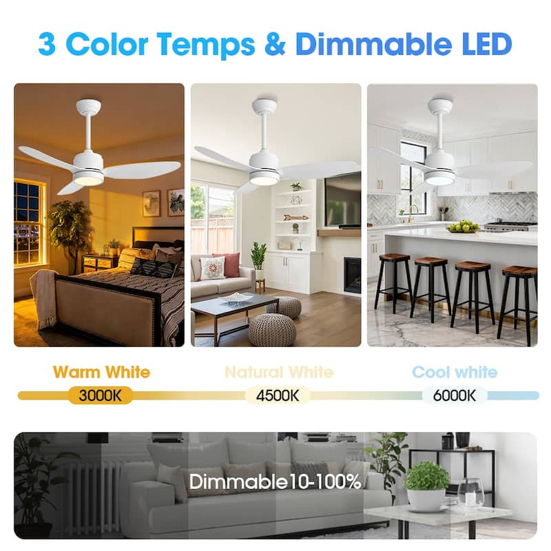 MLiAN 42 in 3 ABS Blades Indoor and Outdoor Ceiling Fan with Integrated LED and Remote Downrod