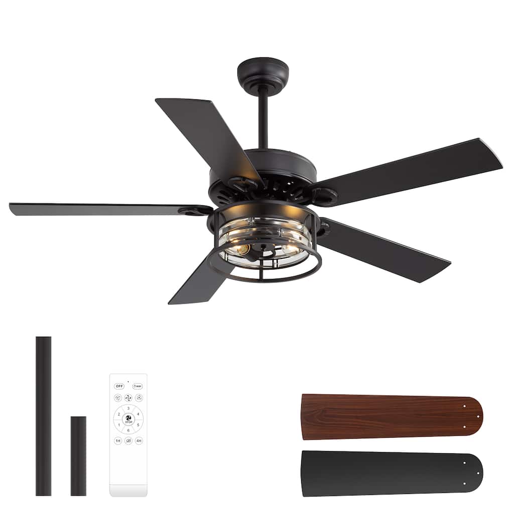 52In Matte Black Ceiling Fan with Light and Remote Control, 6-Speed DC Motor, Reversible Blades, Industrial Style for Large Room
