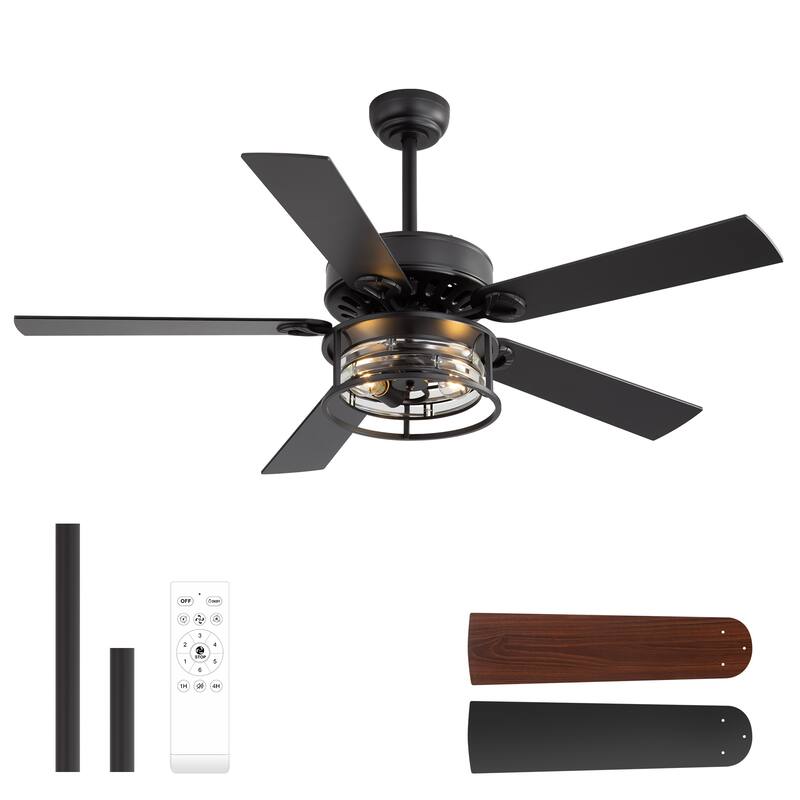 52-inch Reversible Wood 5-Blade Caged Ceiling Fan with Light and Remote