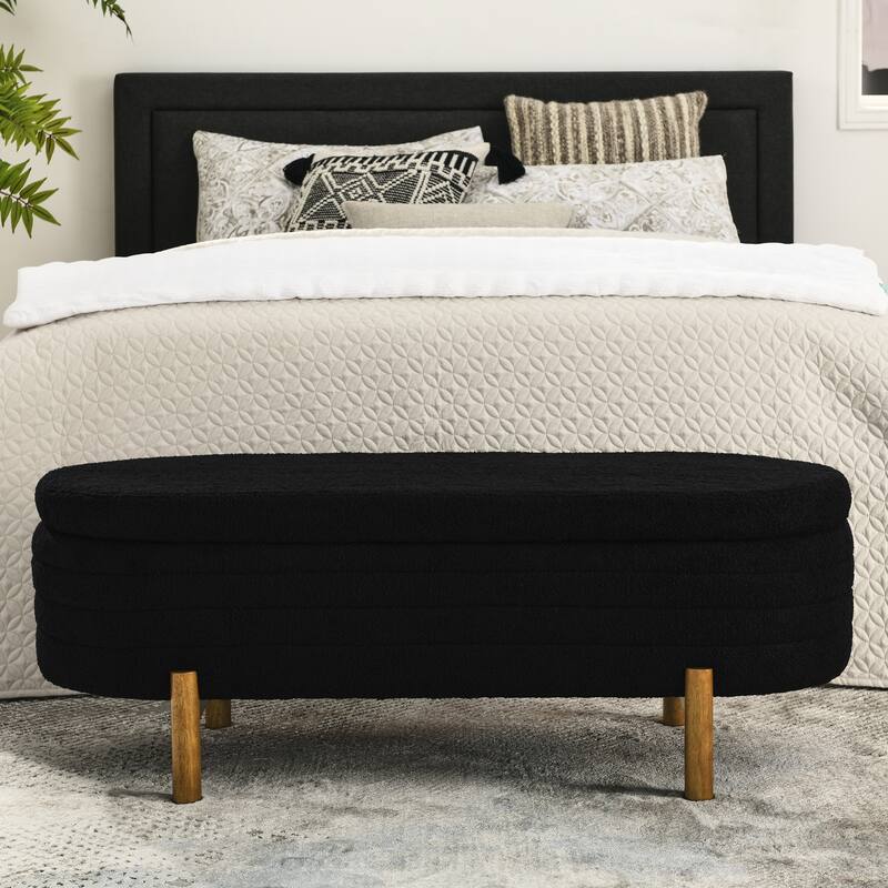 Small Ottoman Oval Storage Bench with Rubber Wood Leg Bedroom Upholstered Footstool Bench with Hidden Storage