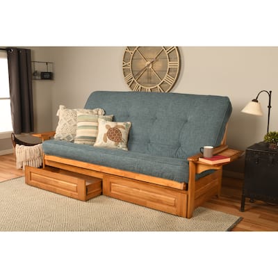 Somette Phoenix Queen-size Storage Futon Set in Butternut Finish with Linen Mattress