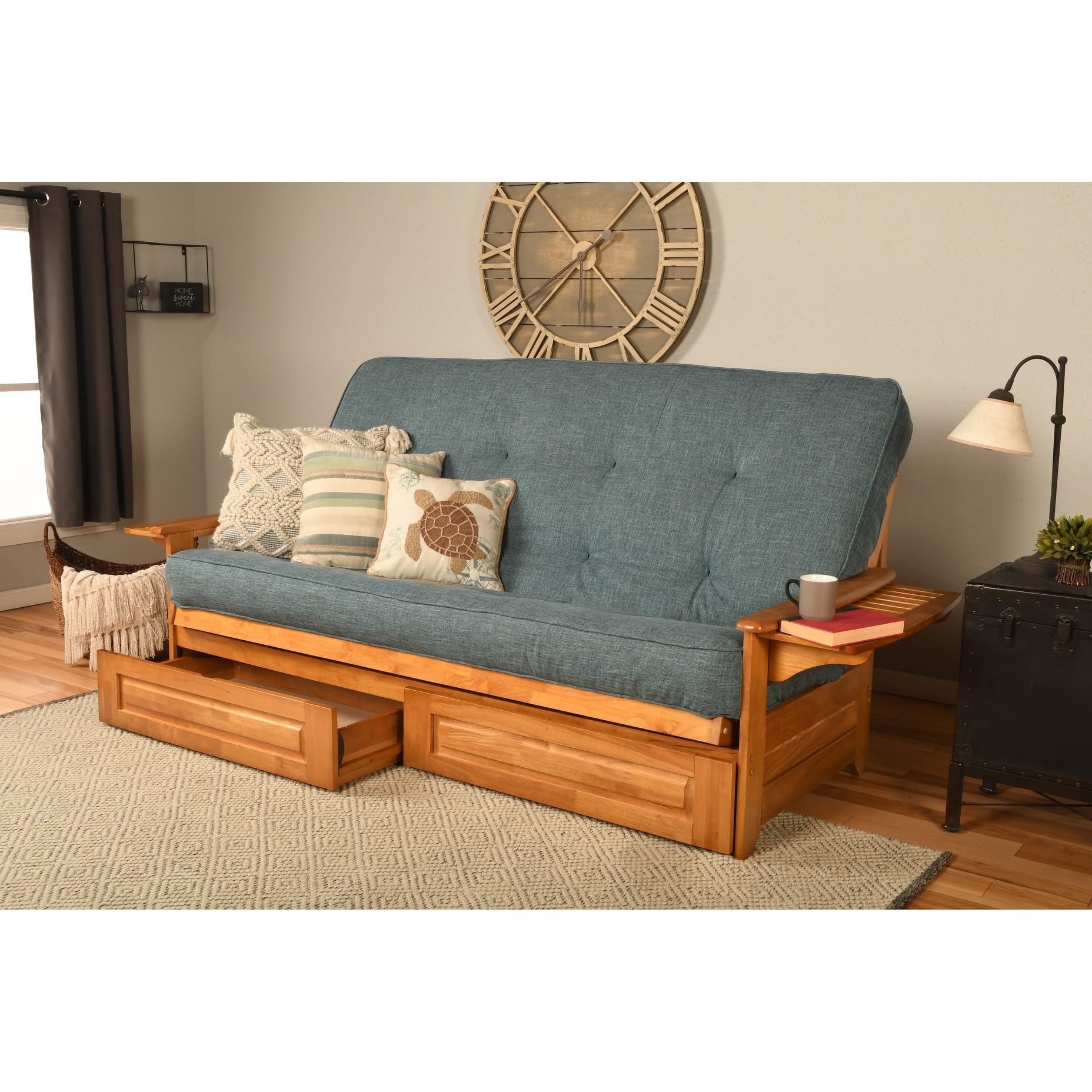 Somette Phoenix Queen-size Storage Futon Set in Butternut Finish with Linen Mattress