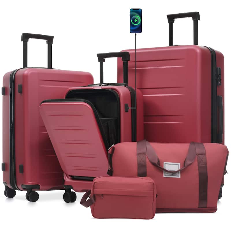 Luggage Sets 5 Piece with Front Opening, Hardside Expandable Carry On Suitcase Set with Double Spinner Wheel, with USB Port - Red