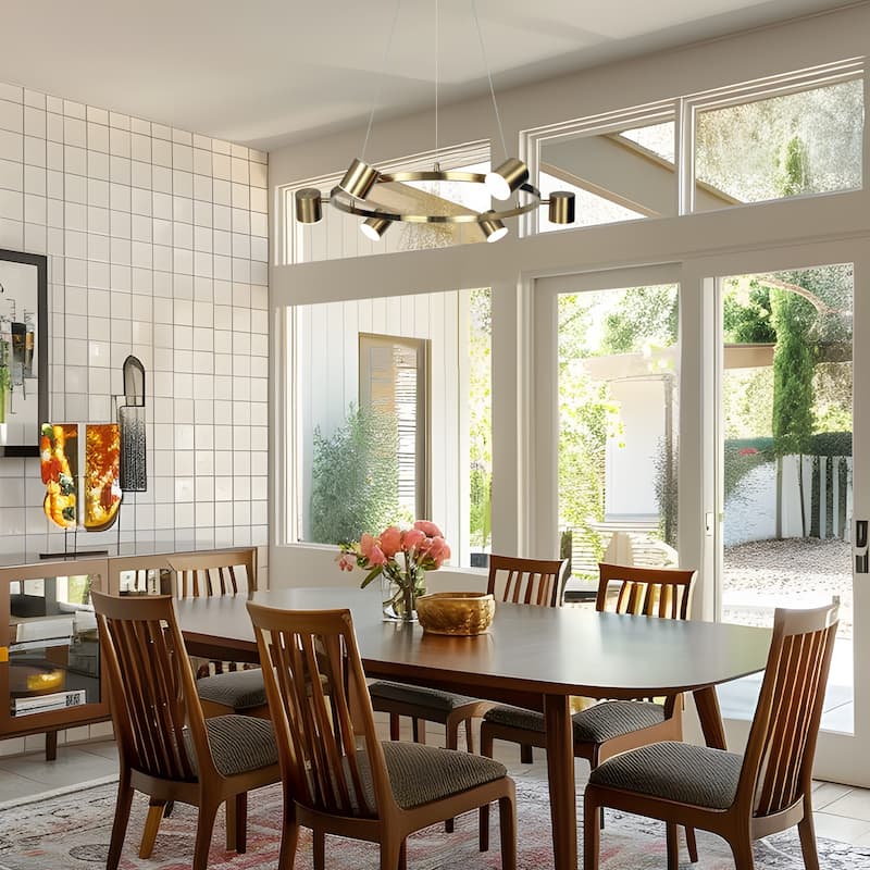 Mid-Century Modern 6-Light Gold LED Wagon Wheel Chandelier Metal Pendant Lights for Dining Room