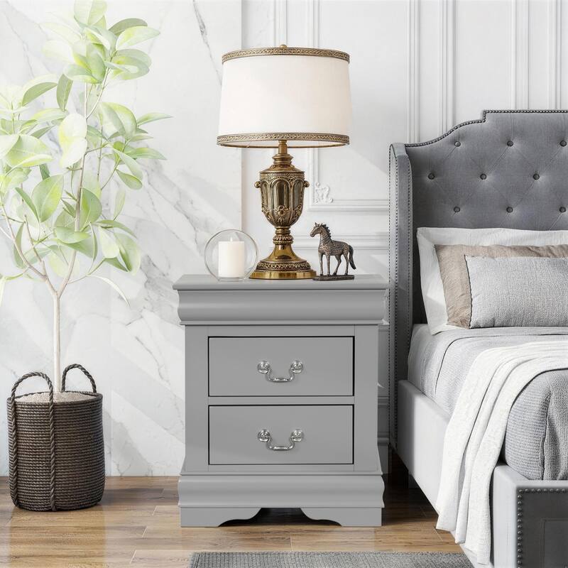 Rossetta Transitional Antique Elegant Style 2-Drawer Nightstand with Solid Wood Legs and Smooth Glides - Gray