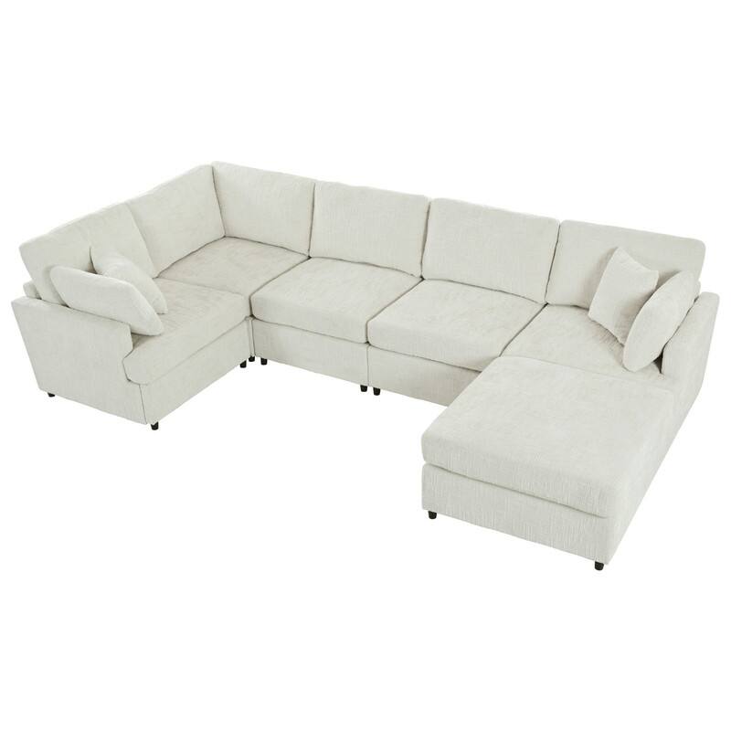 6-Piece U-Shaped Sectional Corner Sofa with Movable Ottoman and Durable Chenille Fabric for Versatile Living Spaces