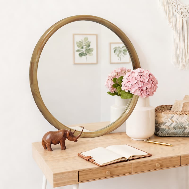 Round Natural Wood Frame Wall Mirror - Mid-Century Modern Decor for Bathroom, Entryway - Natural Wood