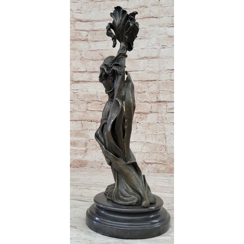 Art Nouveau Real Bronze Romantic Lady Candle Holder Figurine Signed Milo