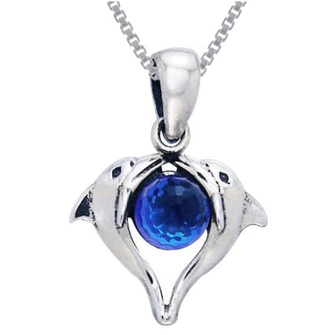 Sterling Silver Double Love Dolphins with Bermuda Blue Crystal Necklace