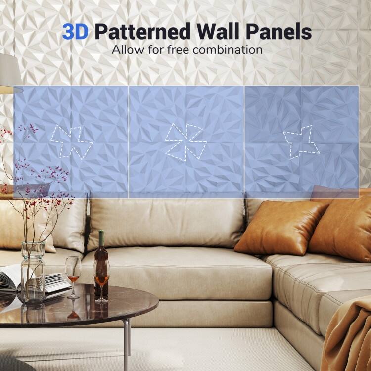 White PVC 3D Wall Panels with Diamond Pattern Peel and Stick Set of 20