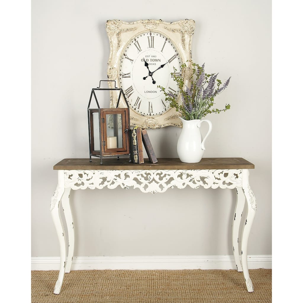 White Wood Intricately Carved Scroll Console Table with Brown Wood Top
