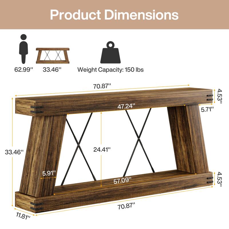 70.9” Farmhouse Console Table, Brown Entryway Table with Storage - Large