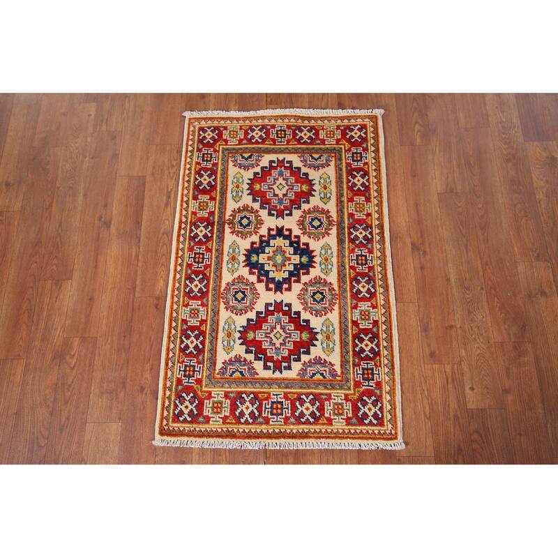 Ivory Kazak Oriental Accent Rug Hand-Knotted Wool Carpet - 1'10" x 2'10"