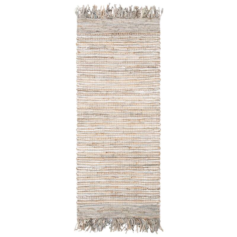 SAFAVIEH Handmade Vintage Boho Leather Zhanna Modern Stripe Leather Rug with Fringe