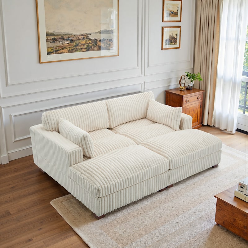 82" W Plush Corduroy Modular Sectional Sofa Chaise Lounge - White