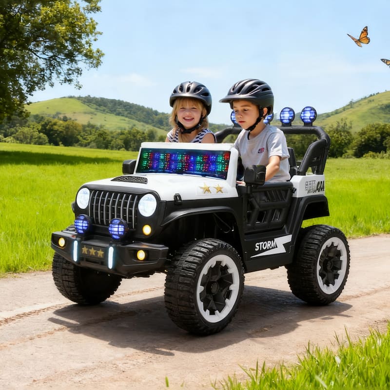 Battery Powered Electric Car Electric Vehicle with Remote Control, White Off-Road Toy Car with LED Lights
