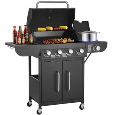 Black Carbon Steel Propane Gas Grill with Side Burner and Wheels - 49.88 x 21.26 x 44.69 inch