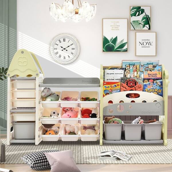 slide 2 of 28, Kids Toy Storage Organizer with Bookcase, Multi-functional Nursery Organizer Light Green
