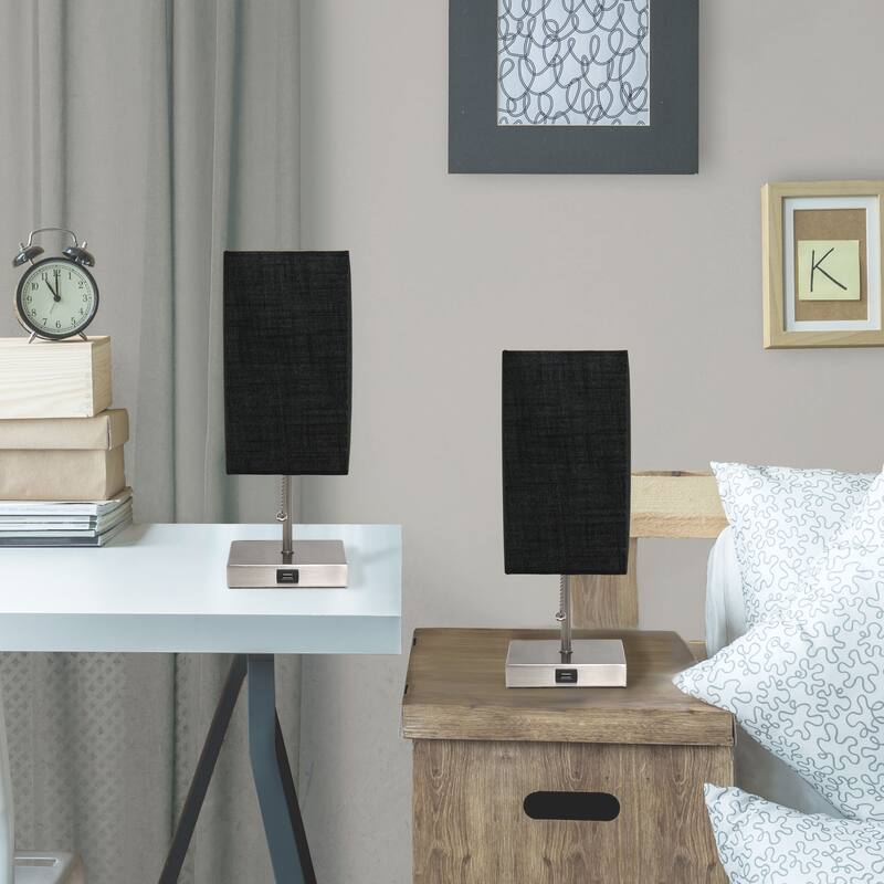 Simple Designs Petite Stick Lamp with USB Charging Port and Fabric Shade 2 Pack Set - 5 x 5 x 14.25 (L x W x H)
