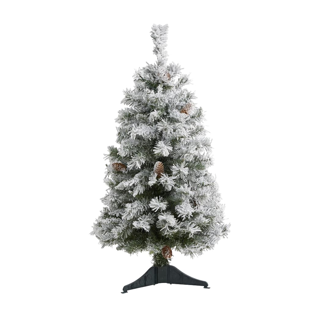 3ft. Flocked Pine Artificial Christmas Tree with Pinecones - Compact Snowy Seasonal Holiday X-Mas Accent