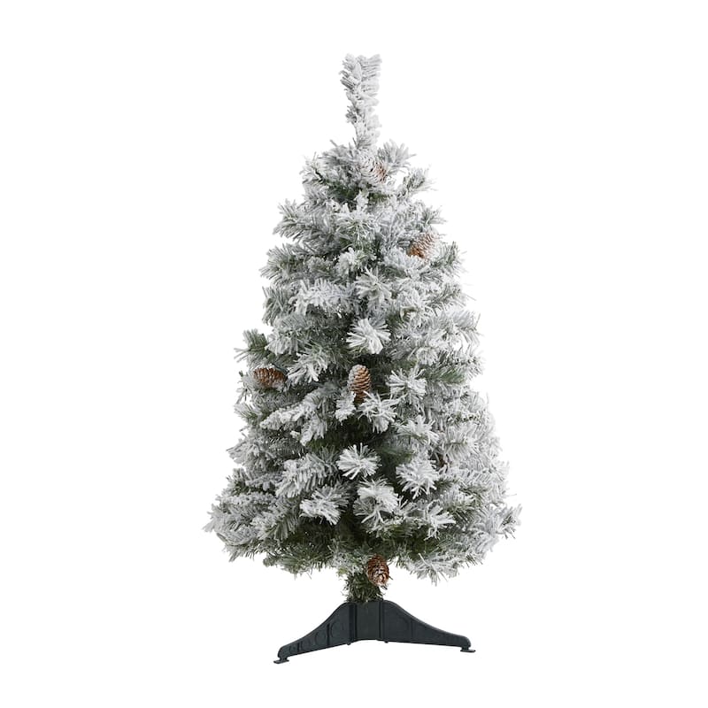 3ft. Flocked Pine Artificial Christmas Tree with Pinecones - Compact Snowy Seasonal Holiday X-Mas Accent