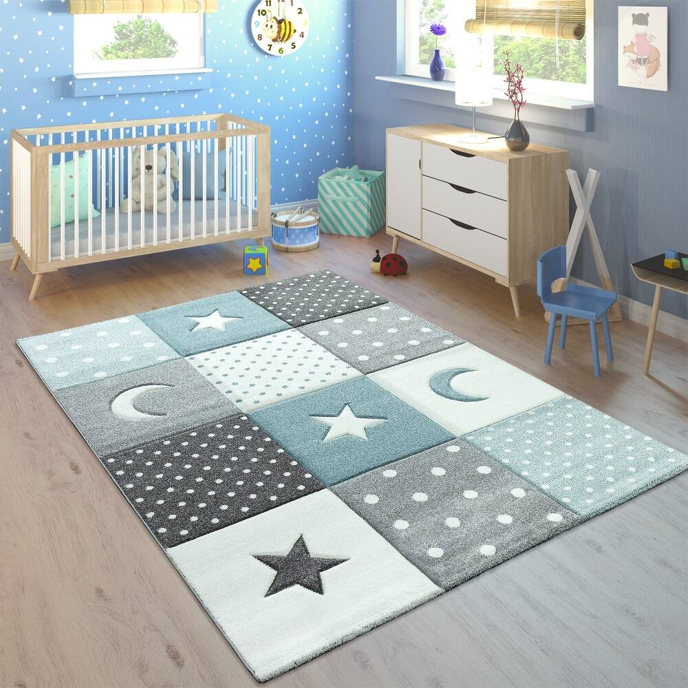 Kids Rug for Nursery with Dots Moons And Stars In Blue Pastel Colors
