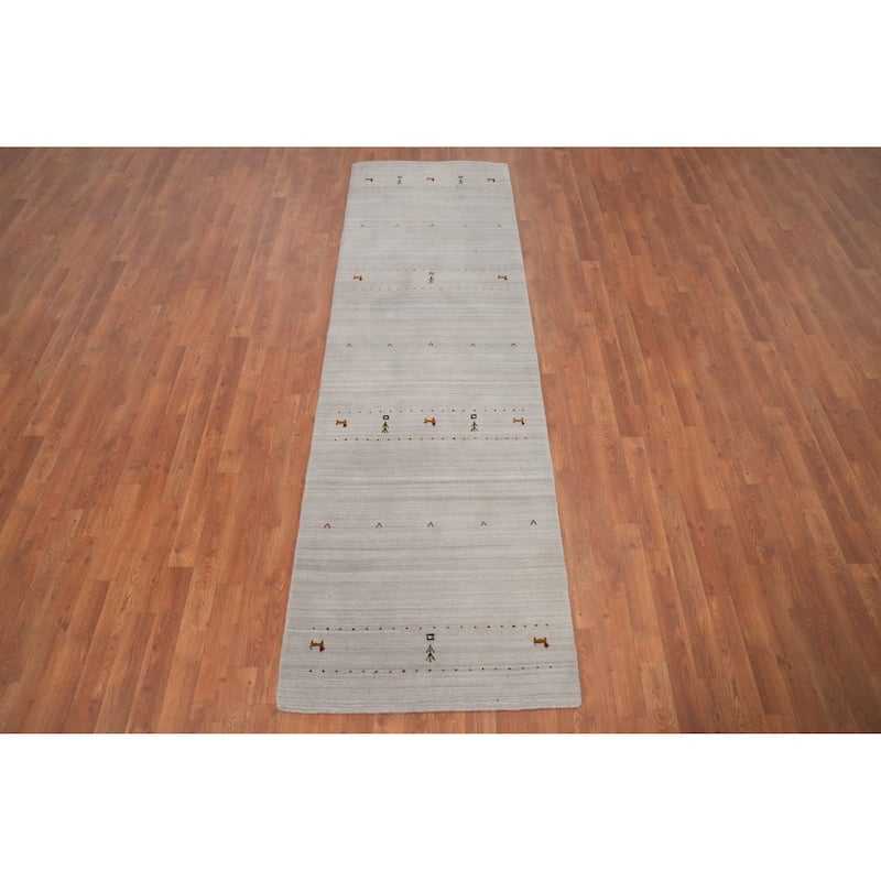 Hand Knotted Oriental 100% Wool Carpet Tribal Animal Pictorial Beige & Ivories Gabbeh Runner Rug - 9' 0'' X 2' 9''