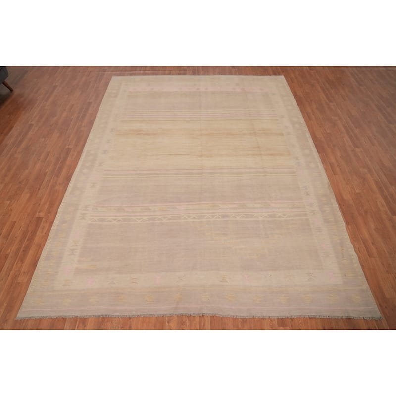 Hand Woven Oriental 100% Wool Carpet Southwestern Tribal Beige & Ivories Kilim Area Rug - 11' 11'' X 9' 1''