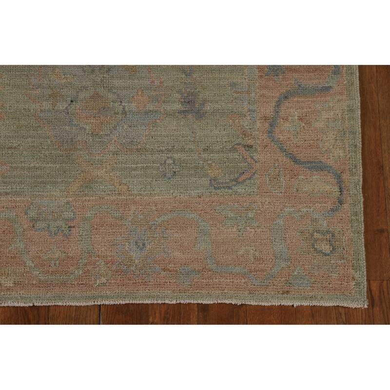 Vegetable Dye Green Oushak Turkish Runner Rug Handmade Wool Carpet - 3'2" x 12'0"