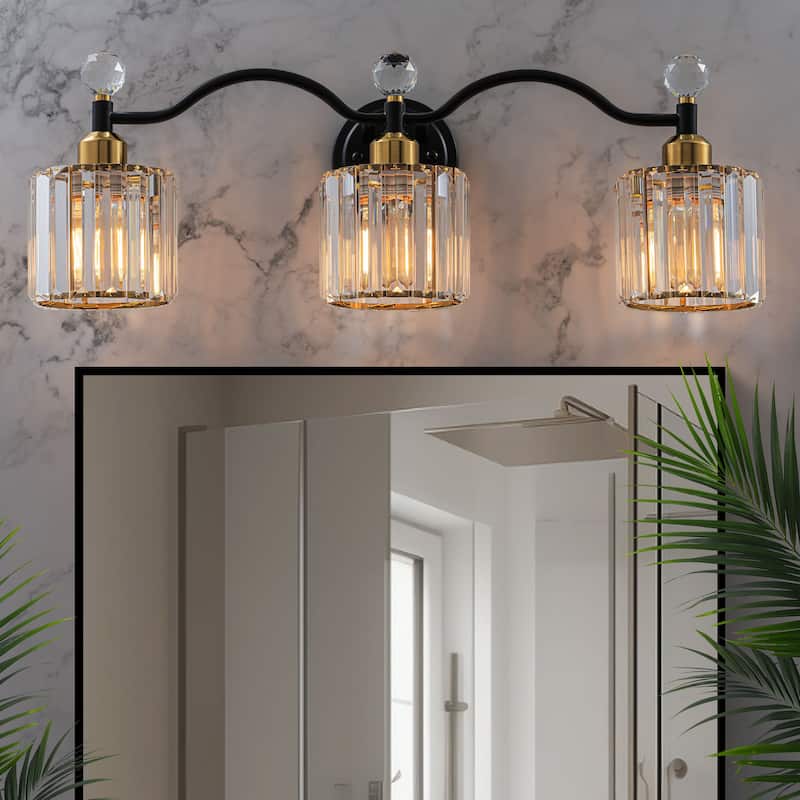 Starsky 3-Light Modern Crystal Bathroom Vanity Fixture with Ribbed Glass Shades and Sparkling Crystal Ball Accents