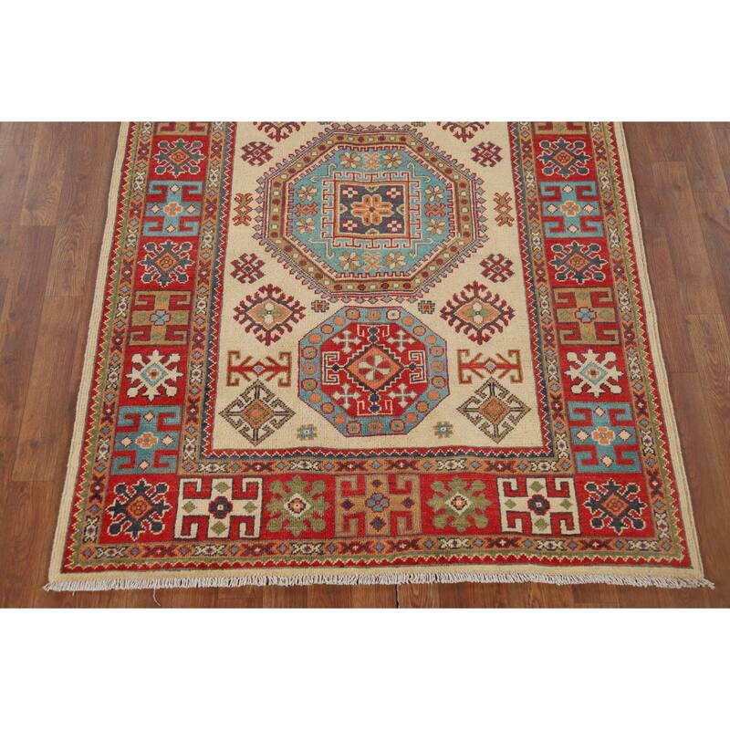 Geometric Kazak Oriental Rug Dining Room Hand-Knotted Wool Carpet - 4'1" x 6'0"