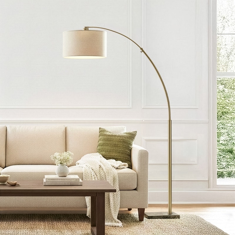 Brightech Logan 76 in. Antique Brass Modern Adjustable and Extendable LED Floor Lamp with White Fabric Drum Shade