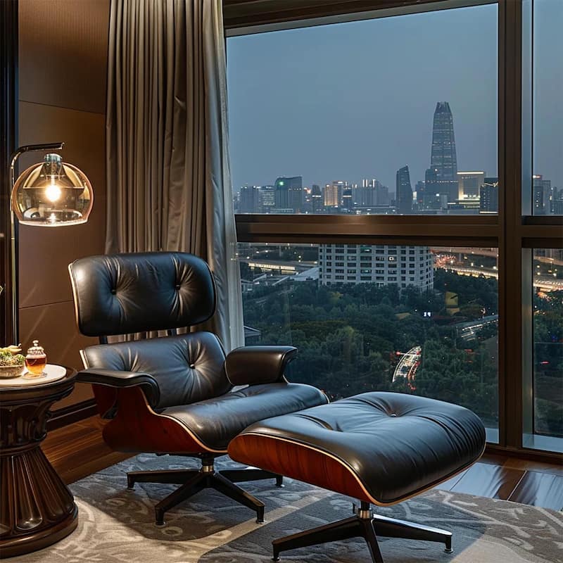 Furgle Genuine Leather Accent Lounge Chair and Ottoman Walnut Wood